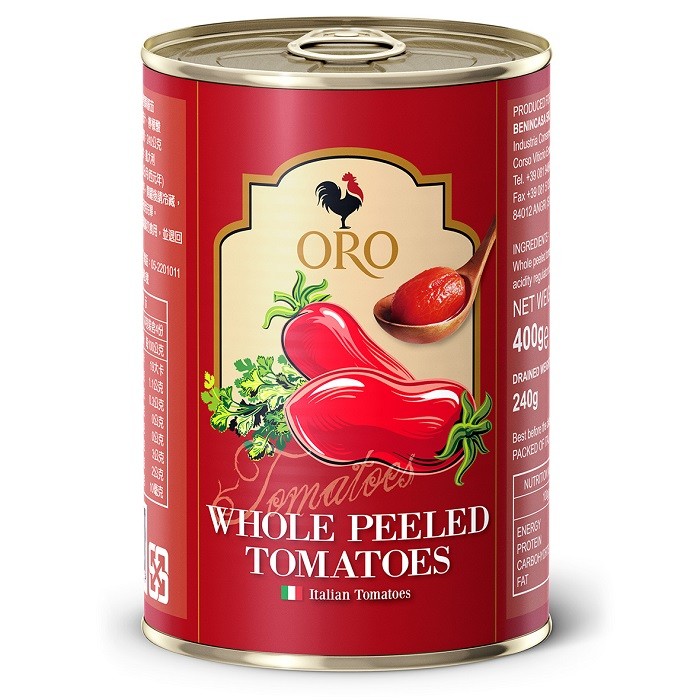 義大利拿坡里ORO番茄罐(400g)，去皮整粒番茄。